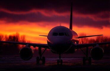 Fototapeta na wymiar an airplane sitting on top of an airport tarmac at sunset, with trees in the background and clouds in the sky