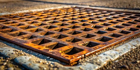 Rusty Metal Grate Set in Pavement, Showing Aged Texture and Square Pattern