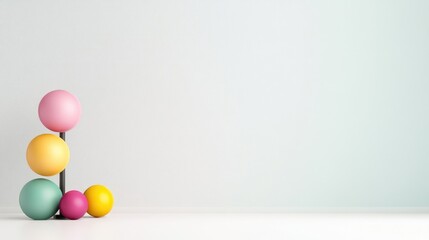 Pastel colored spheres arranged on a simple metal stand against a light background