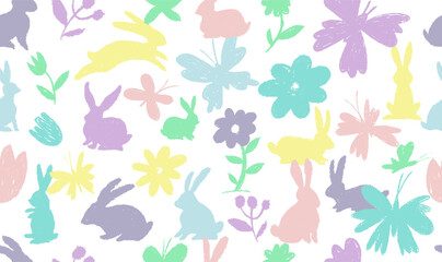 Easter bunny and butterfly seamless pattern. Flower, rabbit hand drawn crayon vector. Cute floral pattern with rainbow bunny animal, spring butterfly. Easter kid rabbit design. Watercolor pastel print