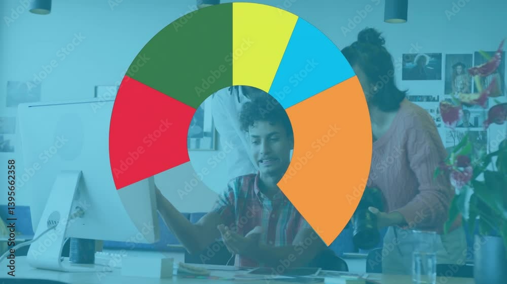 Poster diverse team collaborating at computer with colorful pie chart animation overlay