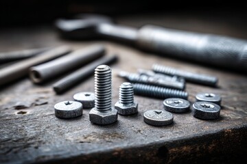 Close Up of Metal Bolts and Nuts - Detailed macro shot of various metal bolts and nuts on a rustic wooden surface, shallow depth of field