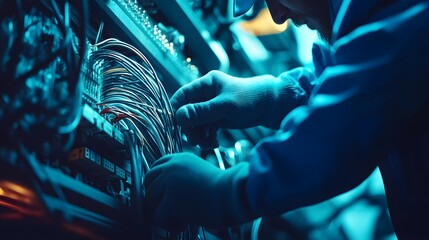 Person working with wires in a dark room illuminated by blue light.