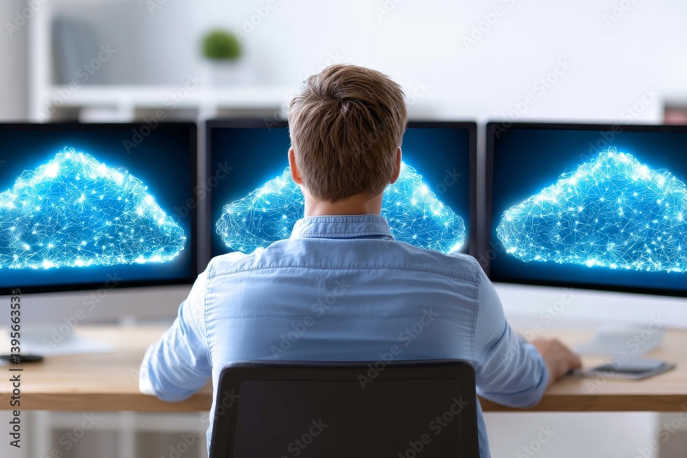 Poster cloud computing specialist at work - a person sits before three computer monitors displaying a cloud