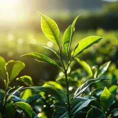 Fototapeta premium Fresh tea leaves in a vibrant tea plantation. Lush green leaves emerging under the morning sun