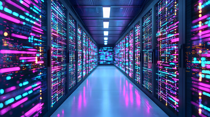 Obraz premium Futuristic Server Room With Glowing Neon Lights