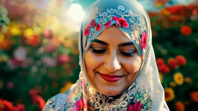 A young Muslim Arab woman in a multi -colored hijab smiles and looks at the camera. Religion of Islam.