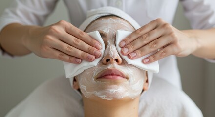 Young asian female receiving relaxing spa facial treatment with face mask.