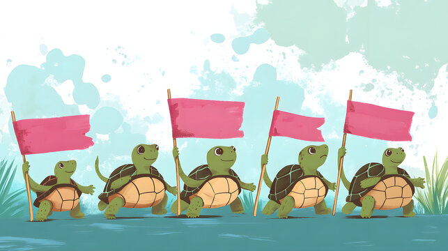 A group of turtles marching together with banners. World Turtle Day - Powered by Adobe