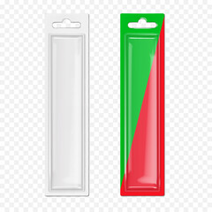 Hanging cardboard and clear plastic long rectangle blister box. Realistic 3d vector mock-up. Blank transparent individual sleeve packaging with euro hole. Mockup. Easy to edit. Template for design