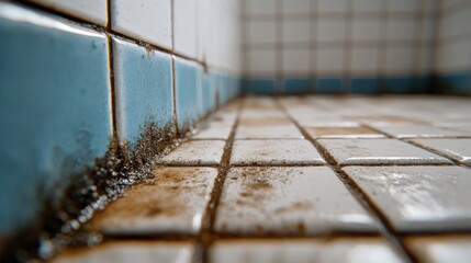 Dirty tiled shower corner, grunge floor, mold