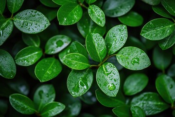 Lush green leaves covered in water droplets