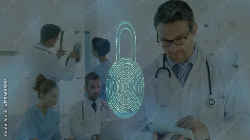 Poster doctors working with digital security lock and fingerprint animation overlay
