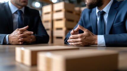 Businessmen discuss logistics in warehouse