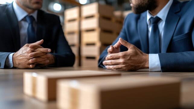 Businessmen discuss logistics in warehouse - Powered by Adobe