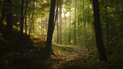 Fototapeta premium Trees Bathed in Warm Sunlight, Serene Forest Landscape