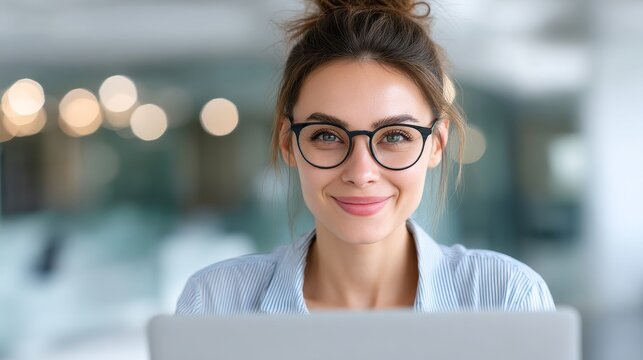 Confident Woman Working on Laptop - A young woman with glasses smiles confidently while working on her laptop in a modern office setting