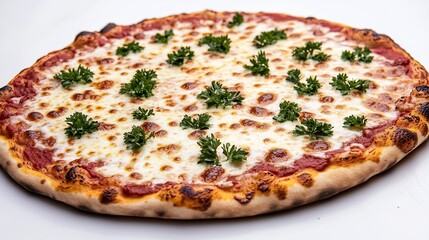 Cheese pizza in an oval shape with crispy edges and garnished with parsley on white