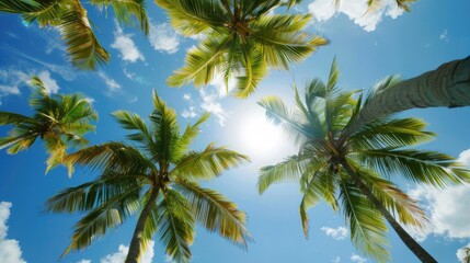 Obraz premium The sun shines through tall palm fronds, creating beautiful light