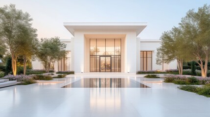 Fototapeta premium Modern luxury villa exterior with a serene courtyard. Large, minimalist home with a glass facade and a reflecting pool. Lush landscaping surrounds the property