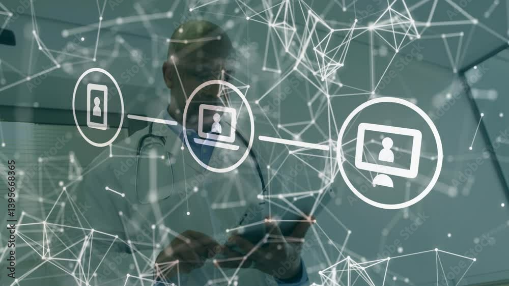 Poster network of connections and data processing animation over person using tablet