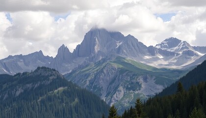 Fototapeta premium Majestic Mountain Range with Green Forests and Cloudy Sky