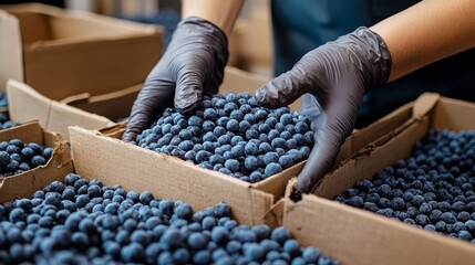 Worker handling fresh blueberries in cardboard boxes with gloves