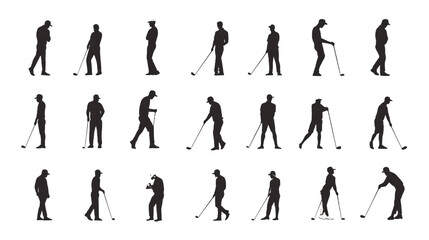 Fototapeta premium Silhouette of a male golfer demonstrating various swings and stances on the course.