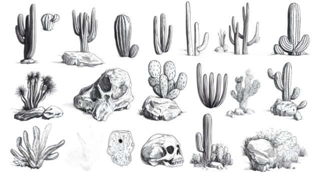 A collection of hand-drawn cacti and rocky formations, showcasing the beauty of desert flora with intricate details.