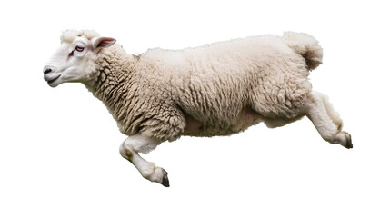 A lively sheep leaps gracefully across the frame, showcasing its fluffy wool and energetic spirit.