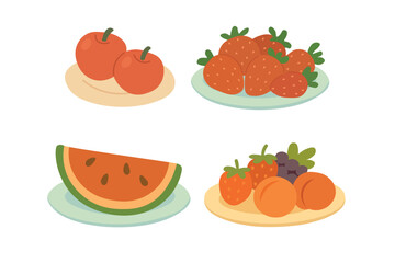 Cute vector illustrations of watermelon, strawberries, apples, apricots and grapes on plates.