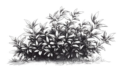 A lush, hand-drawn illustration of dense foliage, showcasing various leaves in shades of green and black.
