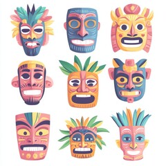 Obraz premium Bright and vibrant set of illustrated tiki masks in various tribal styles, showcasing bold expressions, feathers, and decorative patterns.