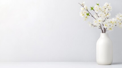Naklejka premium A white vase with delicate blooming branches on a minimalist white surface, and soft lighting creating a serene and elegant composition.