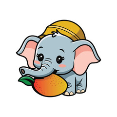 A cute baby elephant wearing a yellow hat is holding a large, ripe mango in its trunk and smiling.