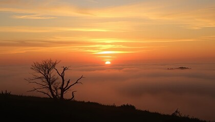 Naklejka premium Orange and Yellow Sunrise Over Misty Mountains