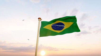 Brazil flag wave. UHD. Brazil flag. Flag of Brazil waving in the wind, sky and sun background video. 