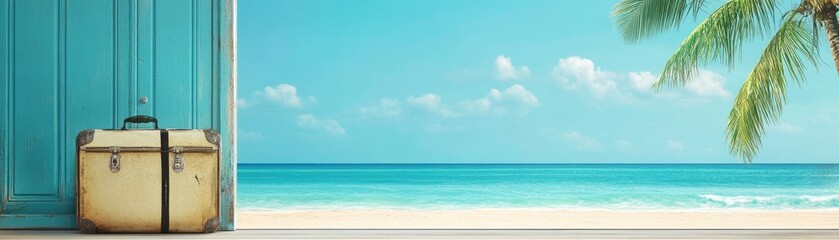 Fototapeta premium Vacation suitcase at tropical beach door, overlooking ocean, palm tree, and light blue sky
