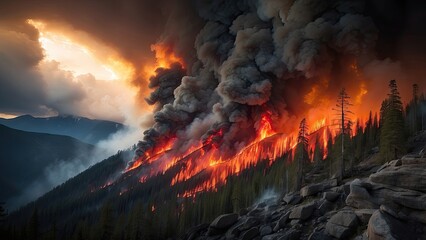 A massive wildfire engulfs a dense forest on a mountainside
