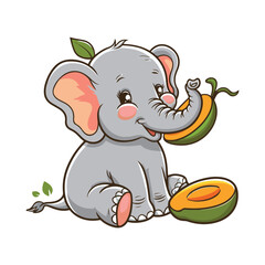 A small, gray elephant with pink inner ears is sitting and holding a slice of avocado with its trunk, looking happy. Another avocado half sits beside it.