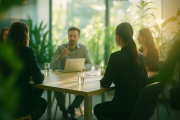 Business team having a meeting in a bright modern office, discussing a project with a manager using a laptop, surrounded by plants and natural light