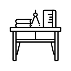 Illustration of desk with books, divider and ruler for study and work icon use