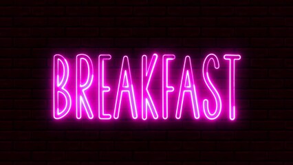 Obraz premium Breakfast text font with neon light. Luminous and shimmering haze inside the letters of the text Breakfast. Breakfast neon sign.