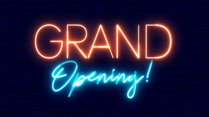 Grand Opening neon sign. Grand Opening text font with neon light. Luminous and shimmering haze inside the letters of the text Grand Opening. 