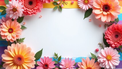 Fototapeta premium LGBTQ+ pride poster layout with blooms. Rainbow stripe backdrop. Editable message area. Joyful diversity celebration scene.