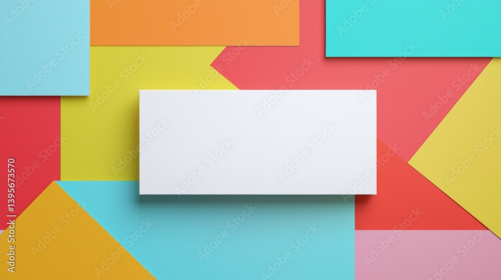 Poster white empty horizontal rectangle is placed over colorful abstract geometric background with copy spa
