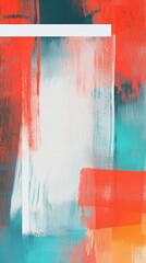 Wide brushstrokes in vibrant hues of teal, coral, and orange enveloping a central white space, creating an energetic and dynamic abstract painting that captivates the eye