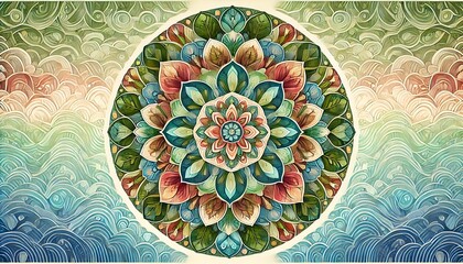 A calming mandala design, symmetrical and colorful, incorporating symbols of nature and balance. Generative AI