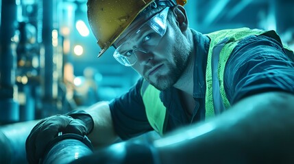 Obraz premium Worker wearing safety gear inspecting machinery in an industrial setting.