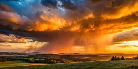 Golden Sunset Rain Shower Over Rolling Hills and Fields